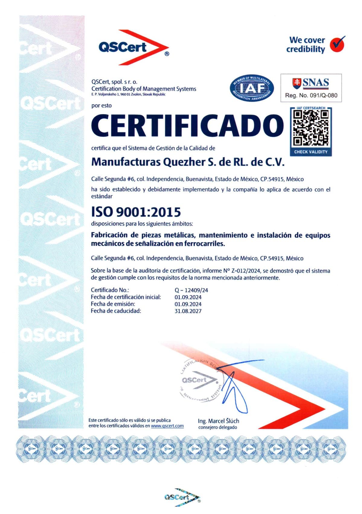 Certificado ISO 9001:2015 de Manufacturas Quezher S. de R.L. de C.V., vigente hasta 31 de agosto de 2027